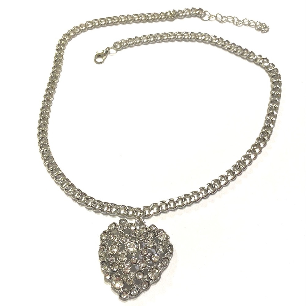 Clear Heart Dome Necklace Silver Tone
